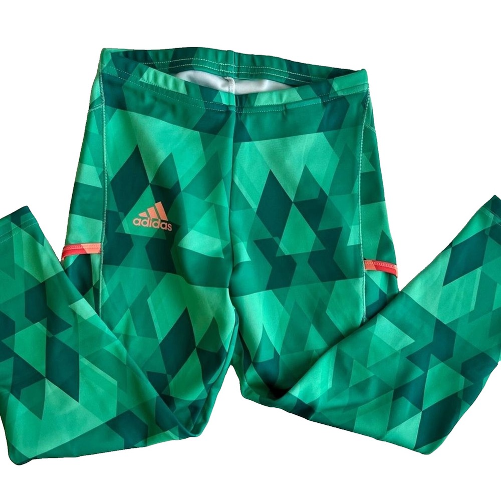 NWT Adidas Skoleg Womens XS 3/4 Crop‎ Leggings Green Geometric Print Coral